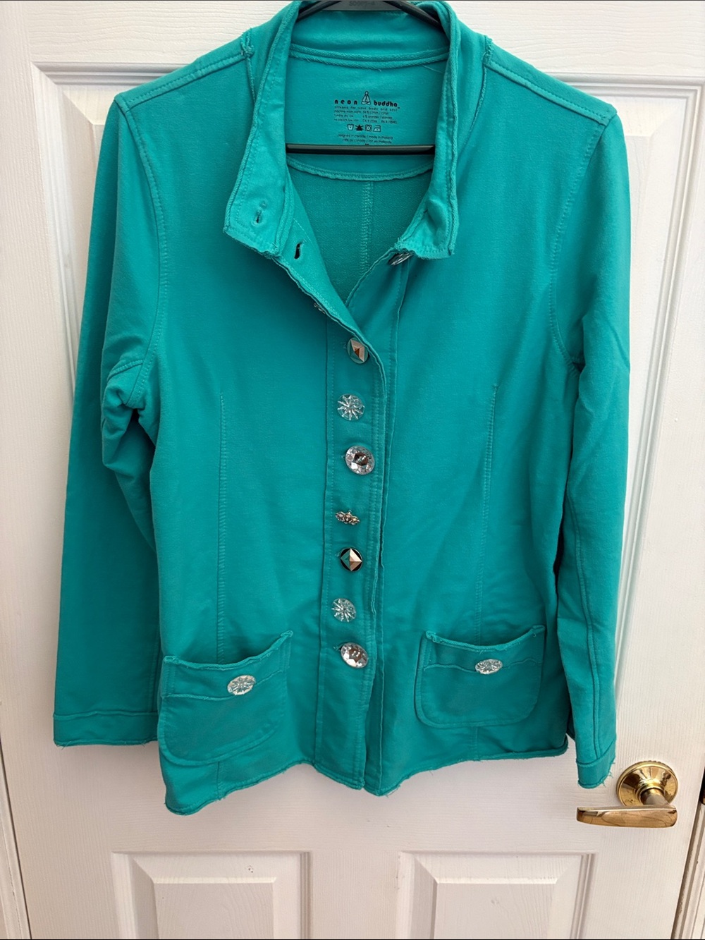 neon buddha vintage super fun with large buttons Teal Knit Jacket boho sz Medium